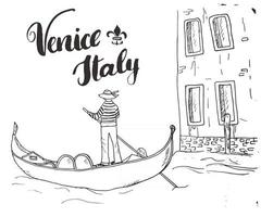 Venice Italy Hand Drawn Sketch Doodle Gondolier and lettering handwritten sign, grunge calligraphic text. Vector illustration