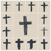 Conjunto de símbolos cruzados dibujados a mano de grunge. cruces cristianas, iconos de signos religiosos, ilustración de vector de símbolo de crucifijo.