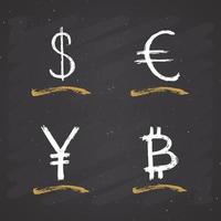 dólar, euro, yen y bitcoin signo icono pincel letras, símbolos caligráficos grunge, ilustración vectorial vector