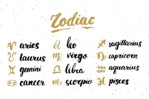 Zodiac signs set and letterings. Hand drawn horoscope astrology symbols, grunge textured design, typography print, vector illustration
