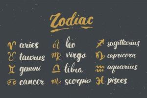 signos del zodíaco establecidos y leyendas. Símbolos de astrología horóscopo dibujados a mano, diseño con textura grunge, tipografía impresa, ilustración vectorial vector