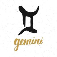 Zodiac sign Gemini and lettering. Hand drawn horoscope astrology symbol, grunge textured design, typography print, vector illustration