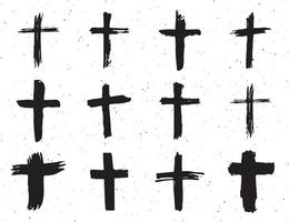 Grunge hand drawn cross symbols set. Christian crosses, religious signs icons, crucifix symbol vector illustration.