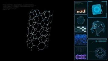 hexagonal digital structure of the future of the submarine cable on monitor with data processer and analysis video