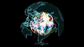 World map digital light blue and abstract colorful core powerful rainbow energy video