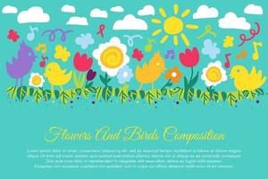 Birds and flowers flat banner with copyspace vector