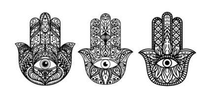 Hamsa, fatima hand monochrome illustrations set vector