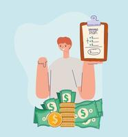 man with saving plan, dollars and coins vector