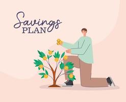 man, money tree and saving plan lettering vector