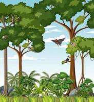 Escena de la selva tropical con varios animales salvajes. vector