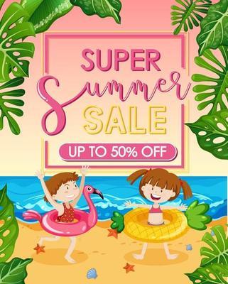 Super Summer Sale banner with a happy kids at the beach