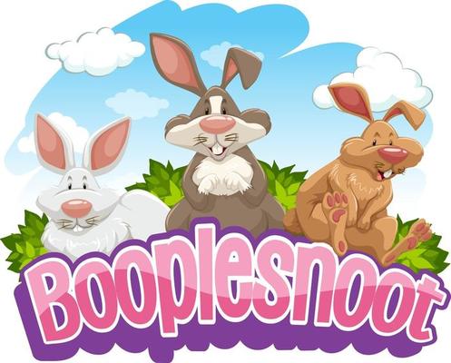Many rabbits cartoon character with Booplesnoot font banner isolated
