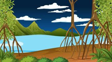 escena de la naturaleza con bosque de manglares en la noche en estilo de dibujos animados vector