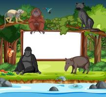 Banner en blanco con personaje de dibujos animados de animales salvajes en la escena del bosque vector