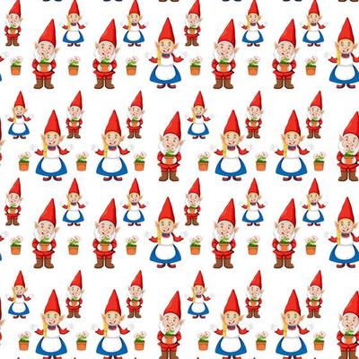 Gnome or dwarf seamless pattern with garden elements