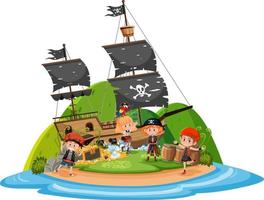 Pirate ship on island with many kids isolated on white background vector