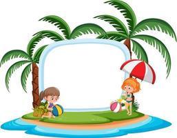 Plantilla de banner en blanco con muchos niños en vacaciones de verano en la playa aislada vector