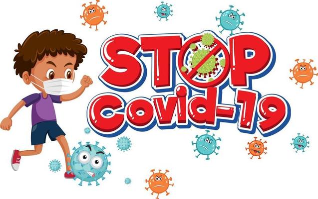 Stop Covid-19 logo or banner with cartoon character and covid-19 sign