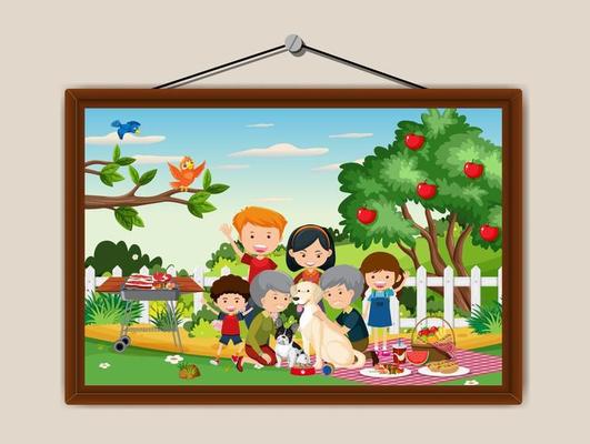 Happy family picnic outdoor scene in a photo frame hanging on the wall