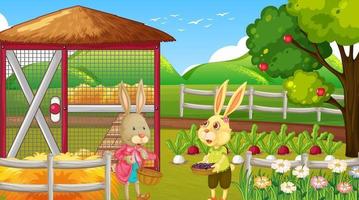 Farm at daytime scene with cute rabbit cartoon character vector