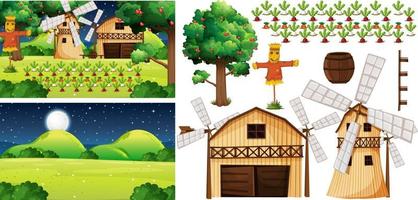 Farm element set isolated with farm scence vector