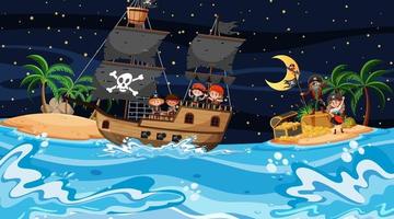 Treasure Island scene at night with Pirate kids on the ship vector