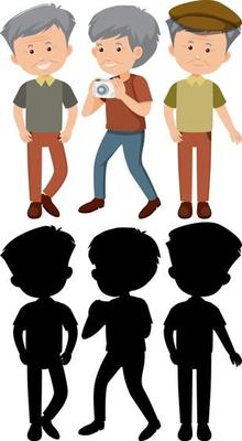 Set of old man cartoon character with different positions with silhouette