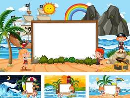 Set of different tropical beach scenes with blank banner vector