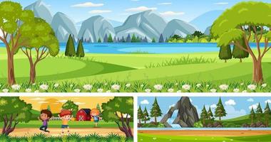 conjunto de diferentes escenas de paisajes panorámicos al aire libre con personaje de dibujos animados vector