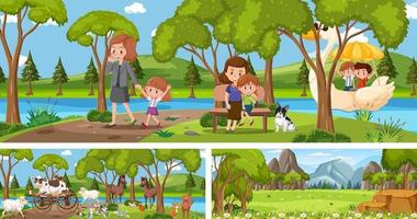 conjunto de paisaje panorámico al aire libre con personaje de dibujos animados vector