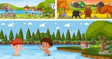 Set of different outdoor panoramic landscape scenes with cartoon character vector