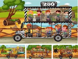 Different safari scenes with animals and kids cartoon character vector