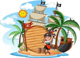 Isla pirata con un banner vacío aislado sobre fondo blanco. vector