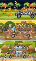 Conjunto de diferentes escenas horizontales de safari con personajes de dibujos animados de animales y niños vector