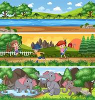 Different nature landscape scene set with cartoon character vector