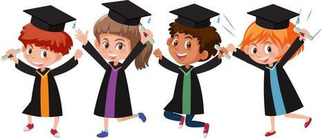 Set of different kids wearing graduation costumes vector