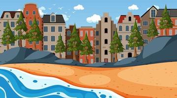 Beach scene with cityscape background vector