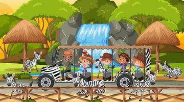 Safari at sunset scene with kids watching zebra group vector