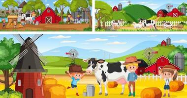 Outdoor panoramic landscape scenes set with cartoon character vector