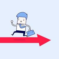 Businessman running opposite arrow way. Cartoon character thin line style vector. vector