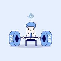 Businessman lifting tax and debt weights. Cartoon character thin line style vector. vector