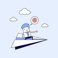 Businessman flying on paper plane and pointing to success. Cartoon character thin line style vector. vector