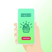 A hand holding smart phone that shows grocery basket and order button. vector