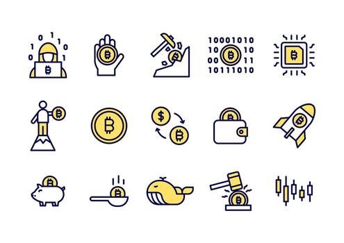 Simple set of Bitcoin line icons. Yellow Bitcoin or Cryptocurrency coin icons for website, application. vector