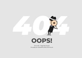 Detective holding a magnifying glass behind 404 text. Error 404 page not found. System maintenance. vector