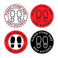 Please Stand Here. Keep Your Distance. Icons of people's feet with keeping the social distance concept. Footprint floor sticker, keep distance, waiting in line, stand here. Vector
