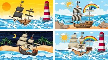 Set of different beach scenes with pirate ship and pirate cartoon character vector