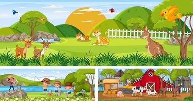 Outdoor panoramic landscape scenes set with cartoon character vector