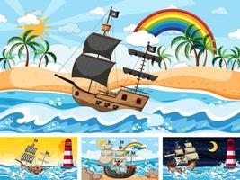 Set of ocean scenes at different times with Pirate ship in cartoon style vector