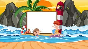 Plantilla de banner vacío con niños de vacaciones en la escena del atardecer en la playa vector